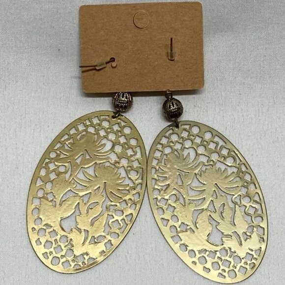 Forever 21 Goldtone Oval Earrings Lace Lattice Etched Dangle Hook Boho NWOT - Picture 5 of 8